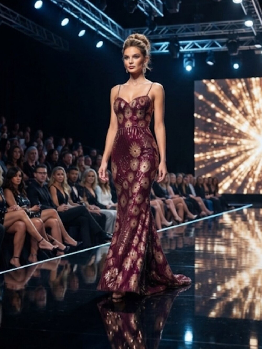 GLAMOROUS HIGH FASHION BURGUNDY MERMAID CONTRAST SEQUIN PEACOCK DESIGN G…